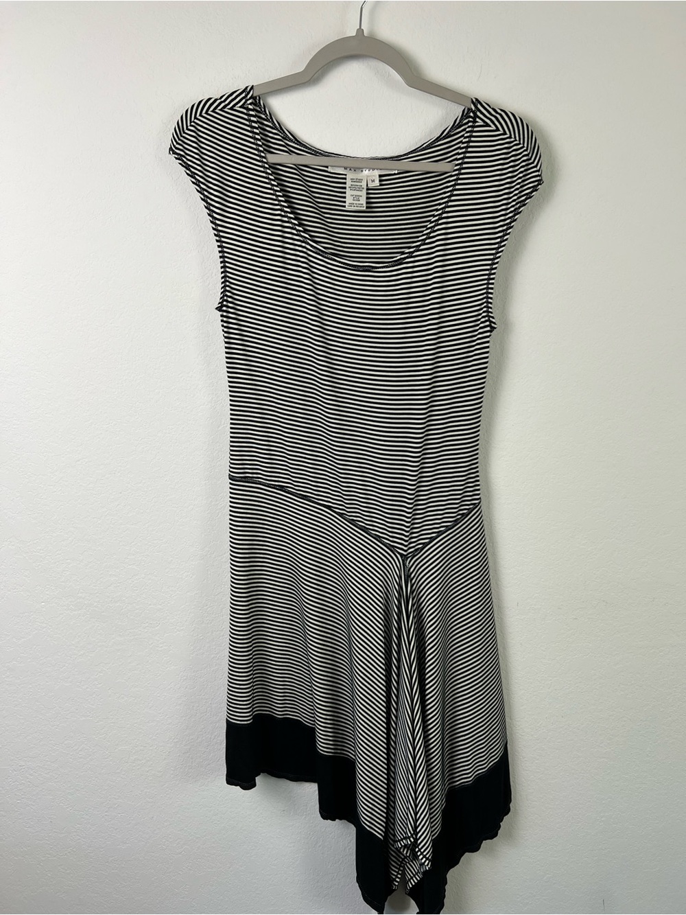 Max Studio Black White Striped Asymmetrical Hem Vacation Resort Office Dress